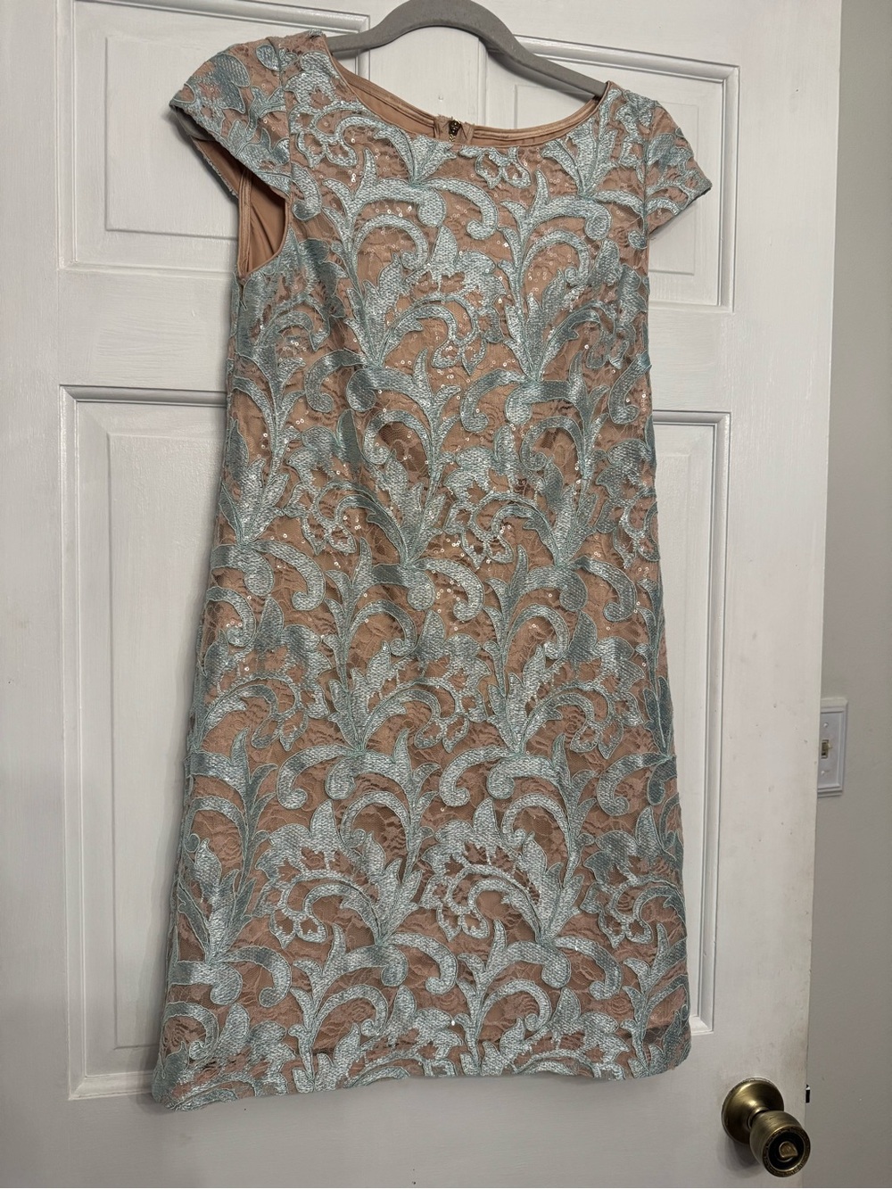 Eliza J Nude Dress with Light Blue Lace Overlay